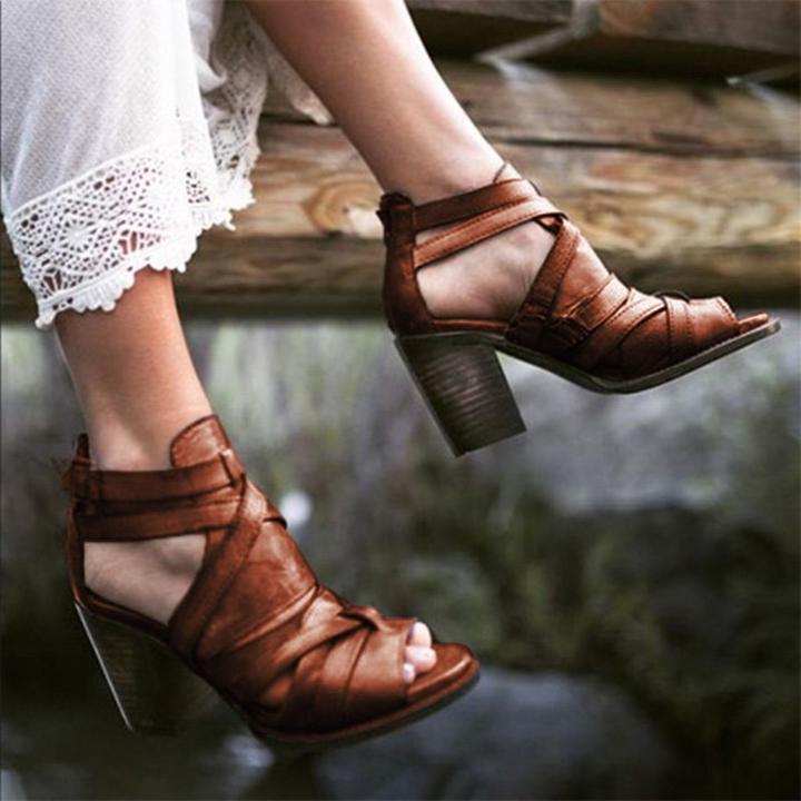 Vintage Buckle Strap Heel Sandals Chunky Heel Sandal