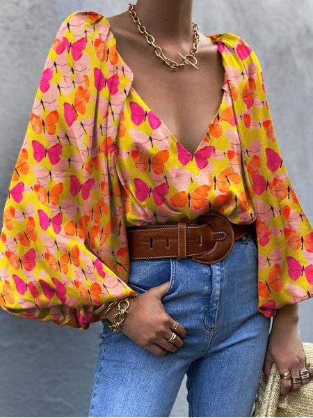 Vintage Butterfly Long Sleeve V-Neck Blouses