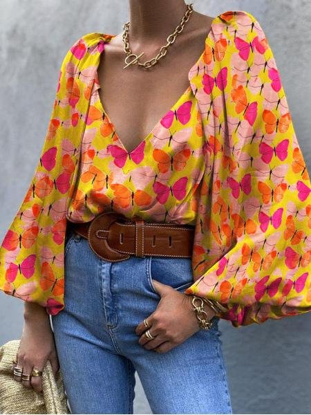 Vintage Butterfly Long Sleeve V-Neck Blouses