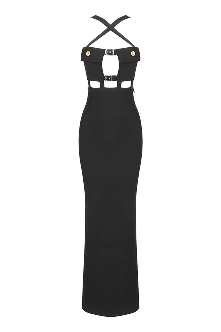 Vintage Cargo Pocket Bra Cutout Crossover Sleeveless Bandage Evening Maxi Dress - Fashionpara