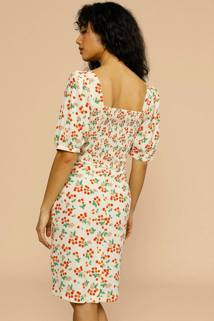 Vintage Cherry Print Puff Sleeve French Printed Midi Dress - Cream  Fashionpara