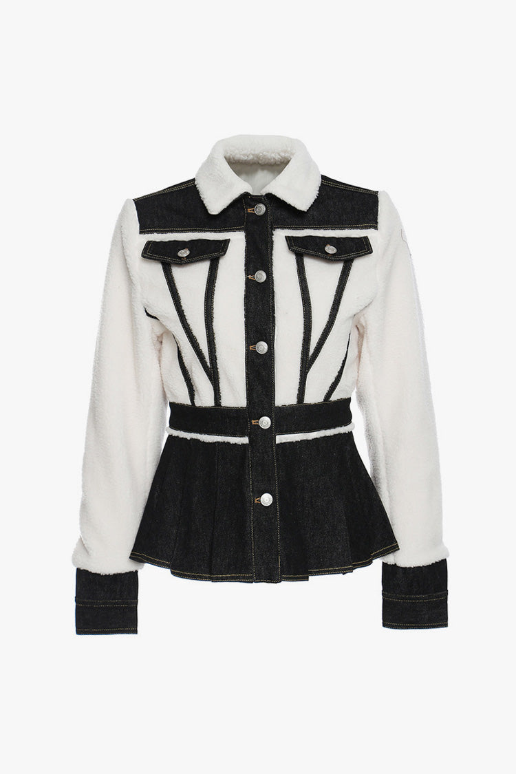 Vintage Denim Peplum Jacket with Faux Sherpa Detail