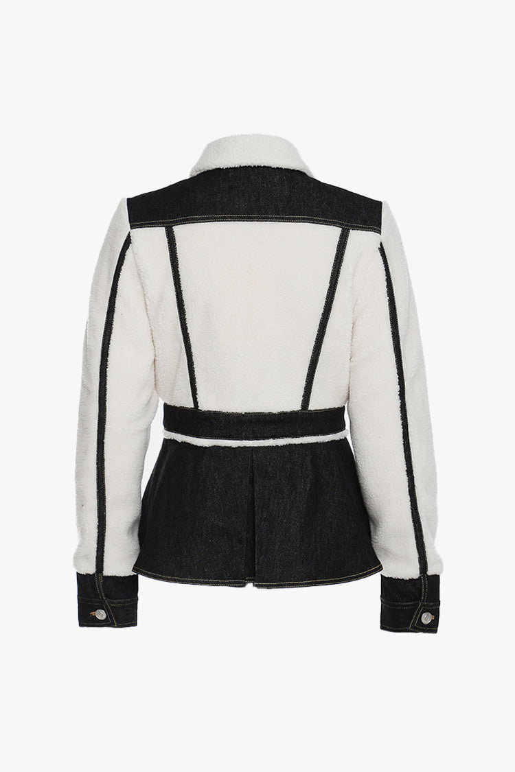 Vintage Denim Peplum Jacket with Faux Sherpa Detail