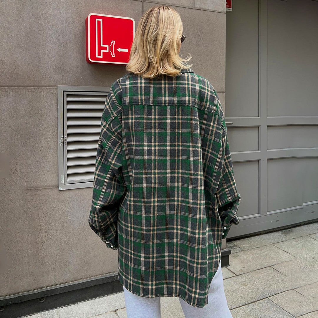 Vintage Collared Cargo Pocket Button Down Long Oversize Plaid Print Shirt