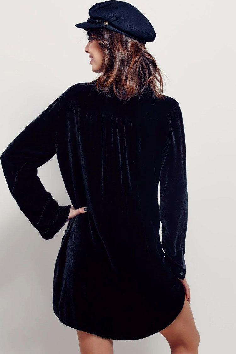Vintage Collared V Neck Long Sleeve Velvet Mini Dress - Black  Fashionpara