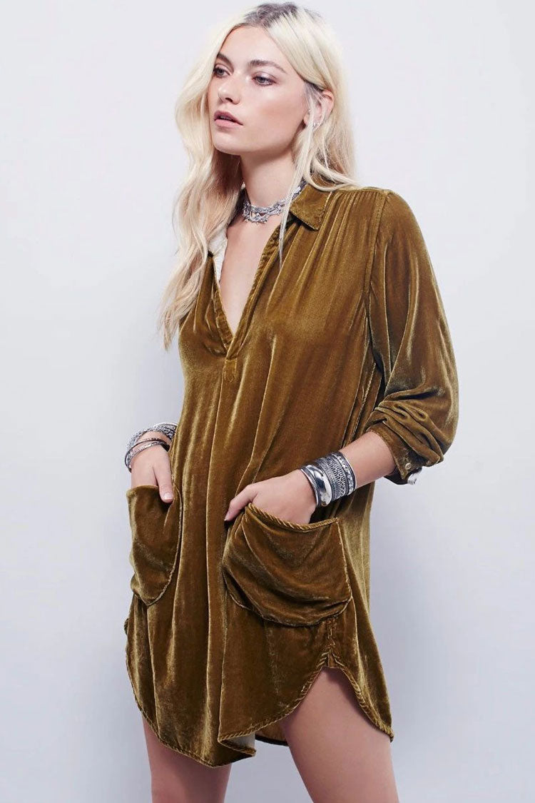 Vintage Collared V Neck Long Sleeve Velvet Mini Dress - Khaki  Fashionpara