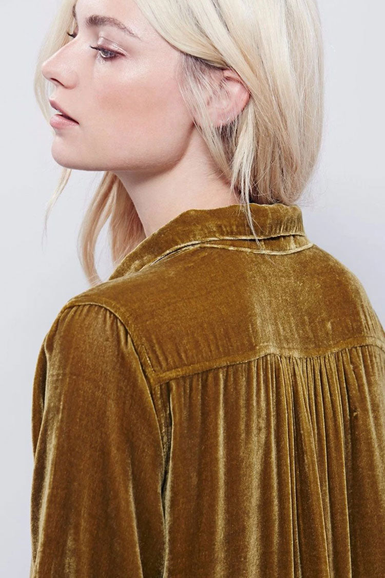 Vintage Collared V Neck Long Sleeve Velvet Mini Dress - Khaki  Fashionpara