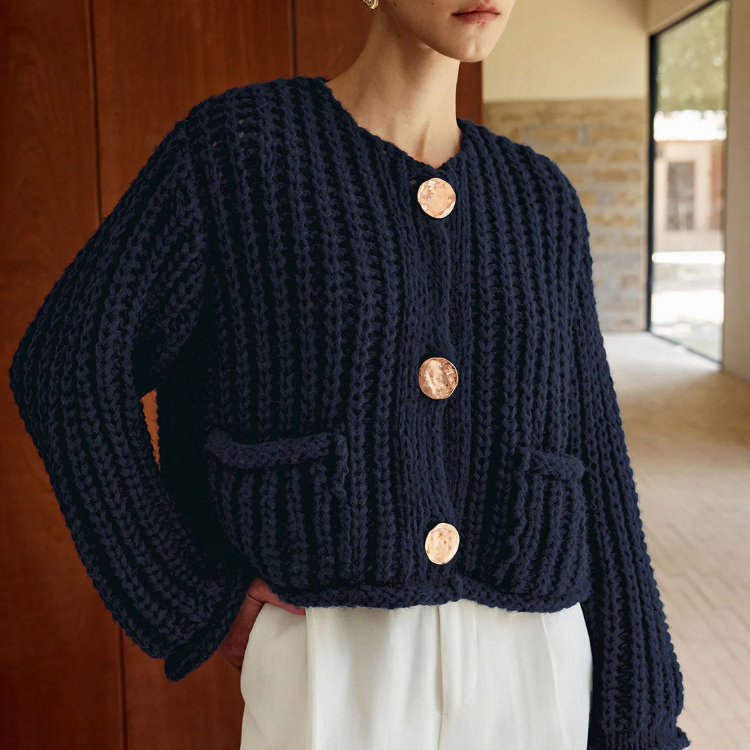 Trendy & Unique Vintage Gold Button Chunky Knit Cardigan