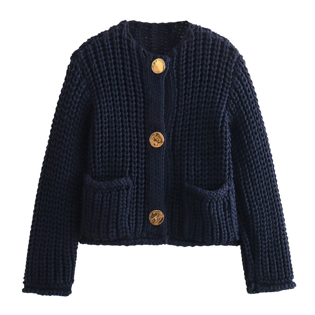 Trendy & Unique Vintage Gold Button Chunky Knit Cardigan