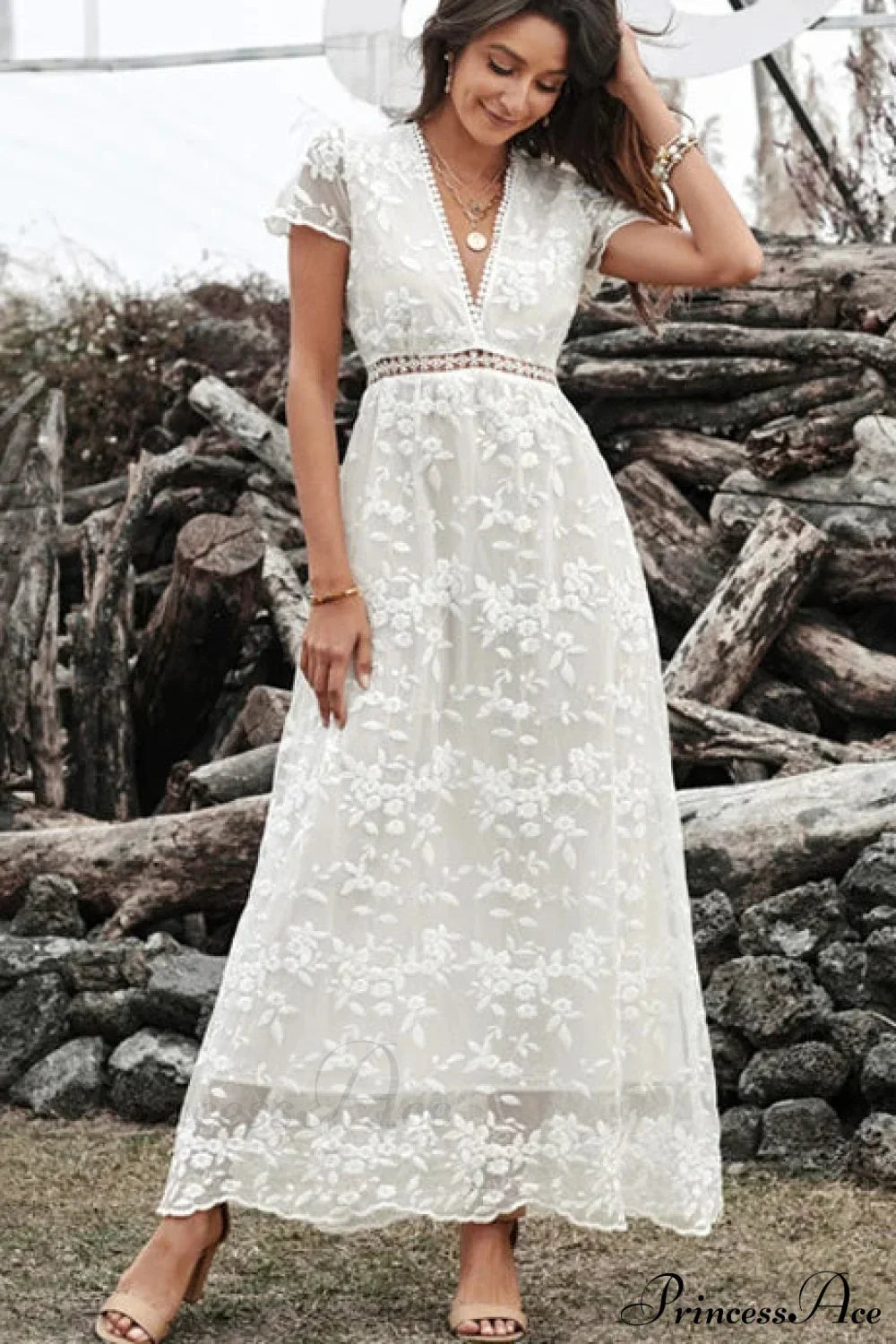 Vintage Deep V Short Sleeve Dress White / S bohodress-250126