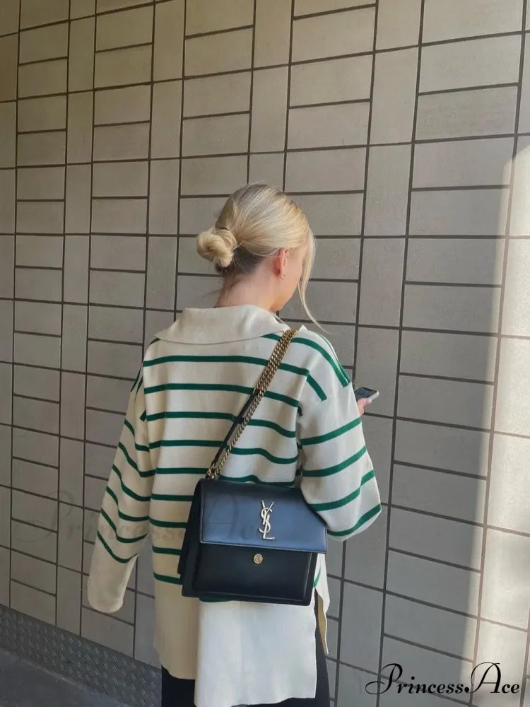 Vintage Elegant Striped Oversized Casual Loose Green Christmas Sweater