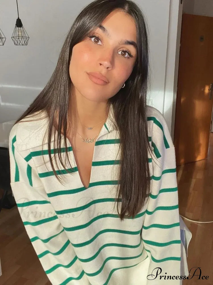 Vintage Elegant Striped Oversized Casual Loose Green Christmas Sweater