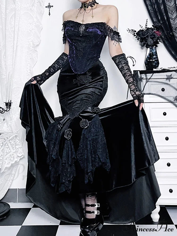 Vintage Elegant Trumpet Women Mall Goth Florals Patchwork High Waist Aesthetic Fairycore Skirt