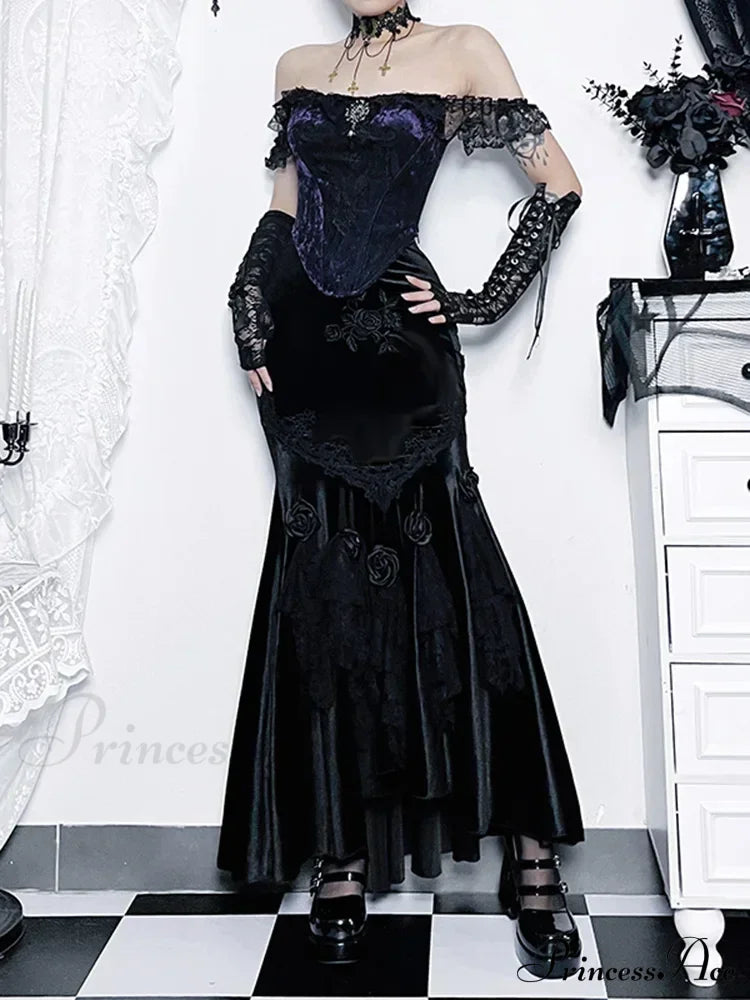 Vintage Elegant Trumpet Women Mall Goth Florals Patchwork High Waist Aesthetic Fairycore Skirt