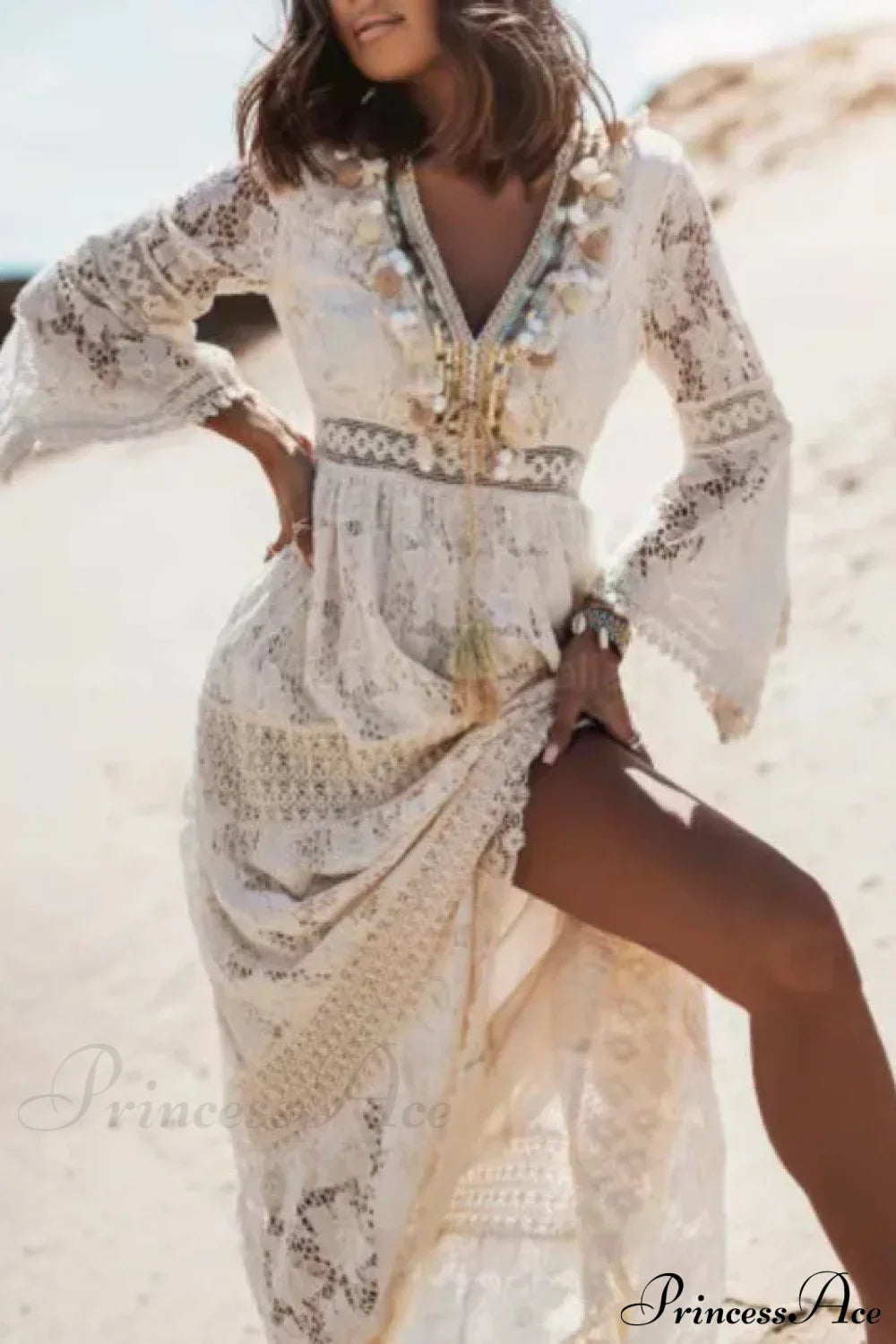 Vintage Embroidery Loose White Red Boho Dress Beige / S bohodress-250126