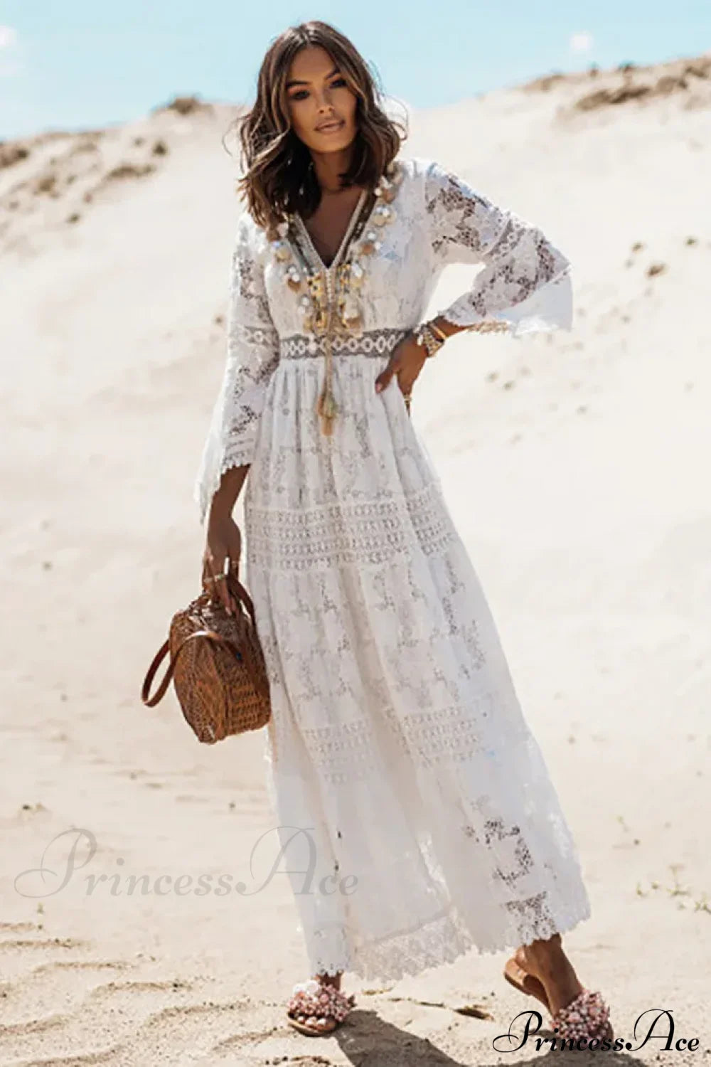 Vintage Embroidery Loose White Red Boho Dress