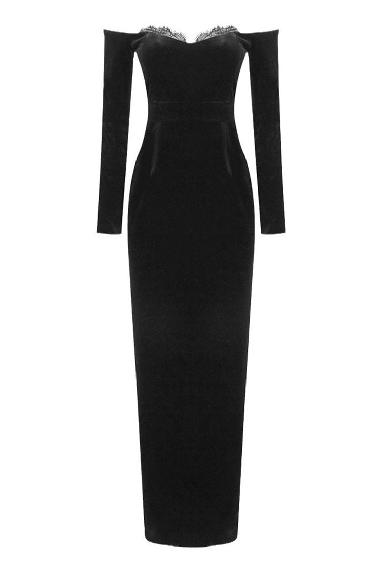 Vintage Eyelash Off Shoulder Long Sleeve Bodycon Velvet Maxi Evening Dress - Fashionpara
