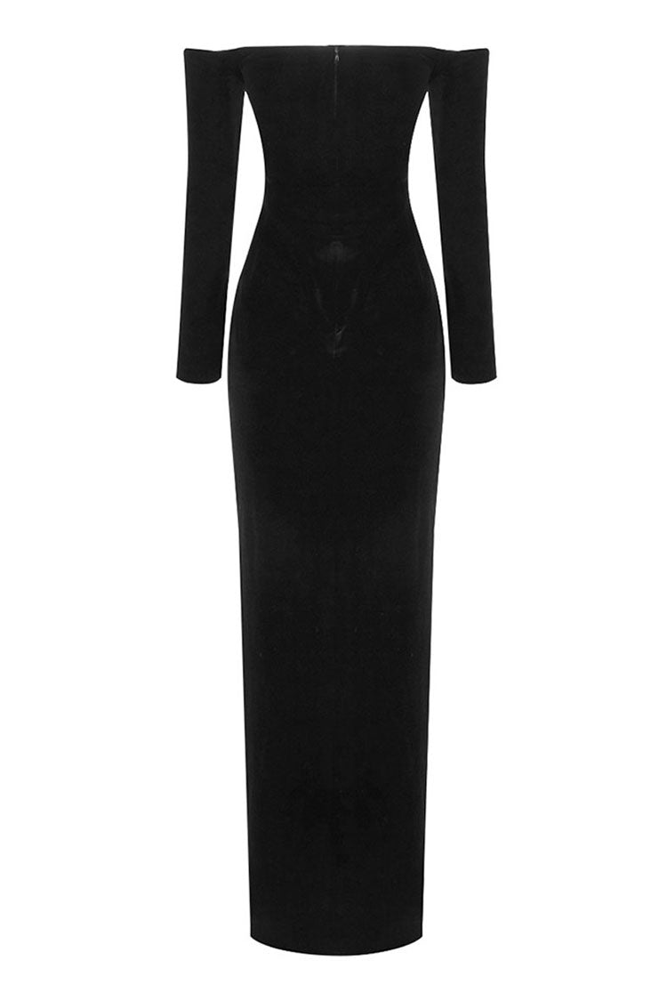 Vintage Eyelash Off Shoulder Long Sleeve Bodycon Velvet Maxi Evening Dress - Fashionpara