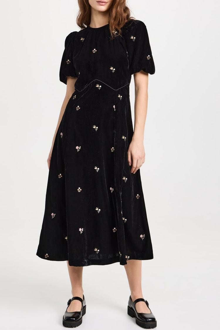 Vintage Floral Embroidery Puff Sleeve A Line Velvet Midi Dress - Black - Fashionpara