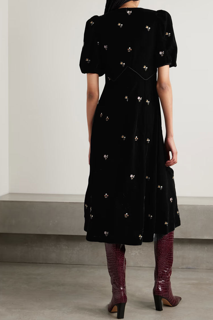 Vintage Floral Embroidery Puff Sleeve A Line Velvet Midi Dress - Black - Fashionpara
