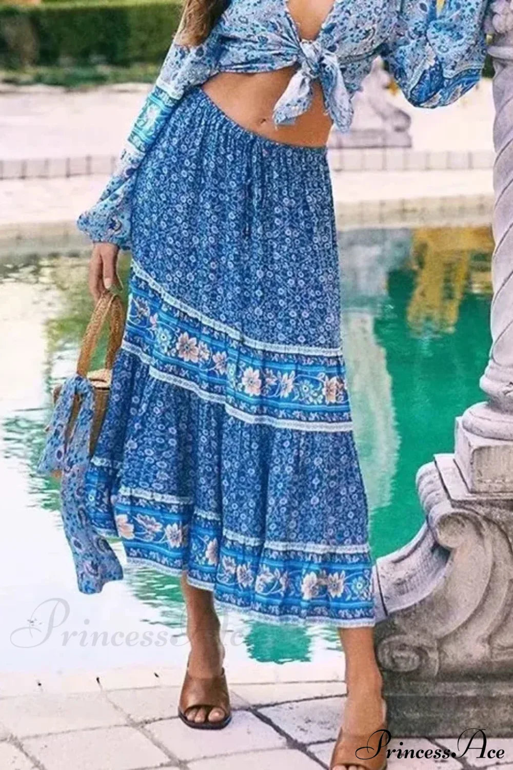 Vintage Floral Maxi Skirt Casual Beach Boho Rayon Elastic Waist Tie blue skirt / S bohodress-250126