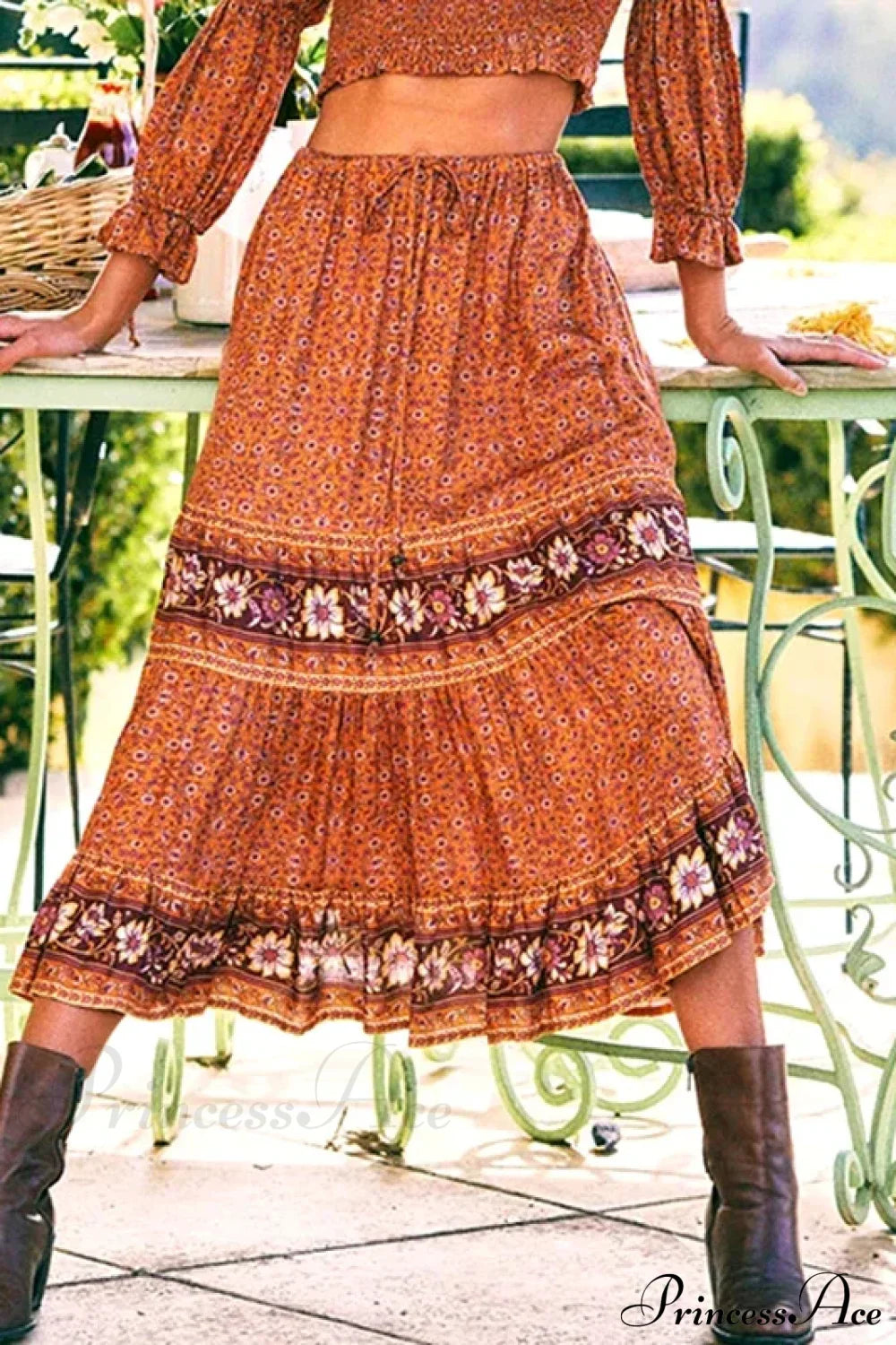 Vintage Floral Maxi Skirt Casual Beach Boho Rayon Elastic Waist Tie orange skirt / S bohodress-250126