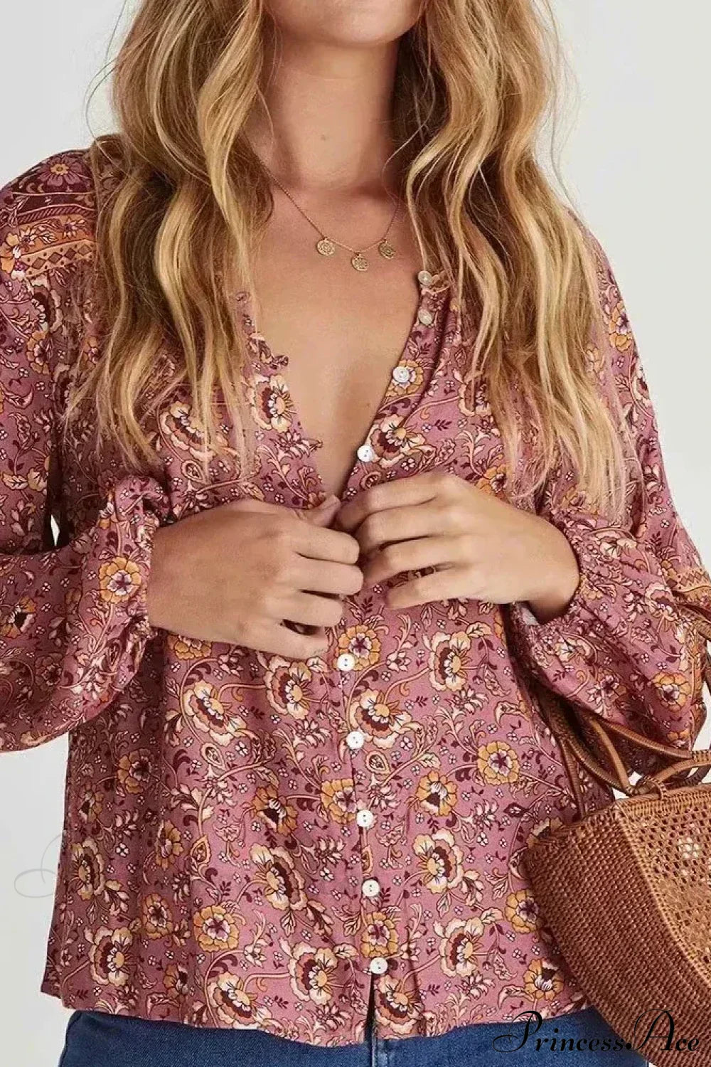 Vintage Floral Maxi Skirt Casual Beach Boho Rayon Elastic Waist Tie pink blouse / S bohodress-250126