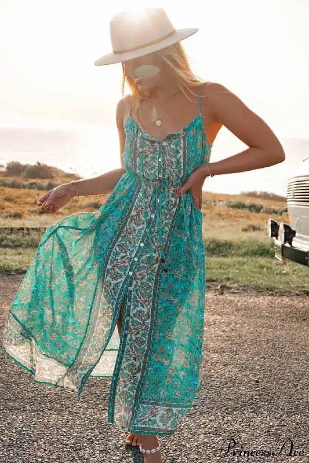 Vintage Floral Print Boho Midi Dress Turquoise / S bohodress-250126