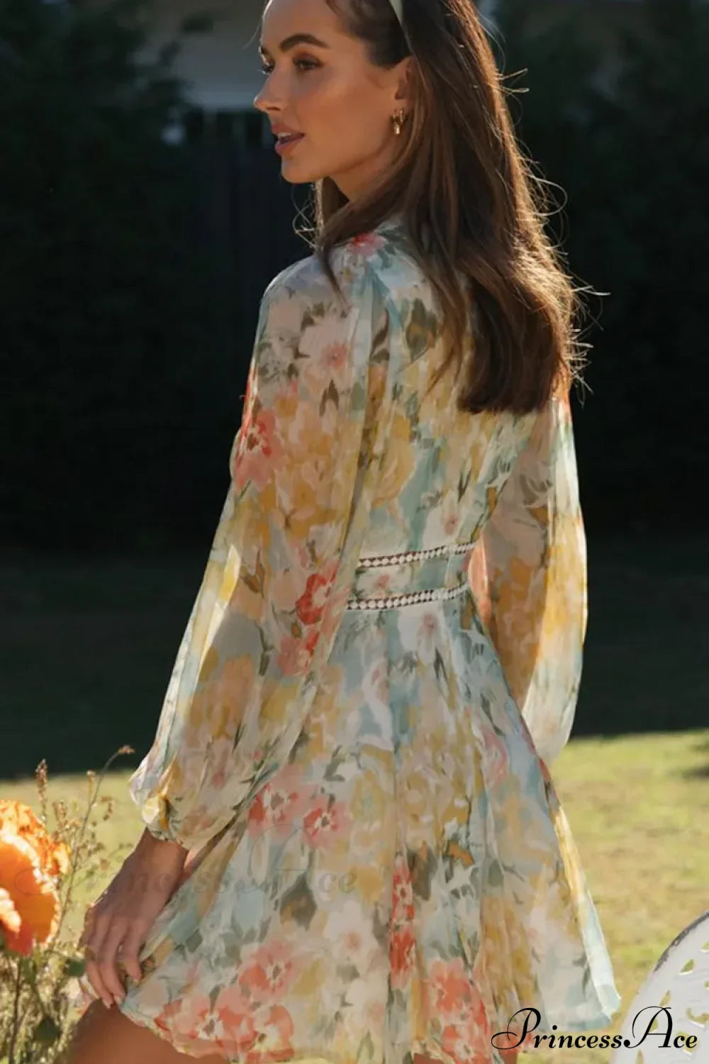 Vintage Floral Print Long Sleeve Hollow Out Sexy V-neck Mini Boho Dress