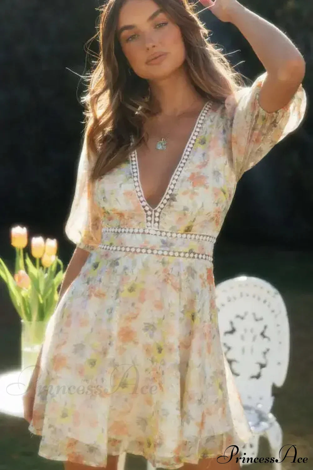 Vintage Floral Print Long Sleeve Hollow Out Sexy V-neck Mini Boho Dress