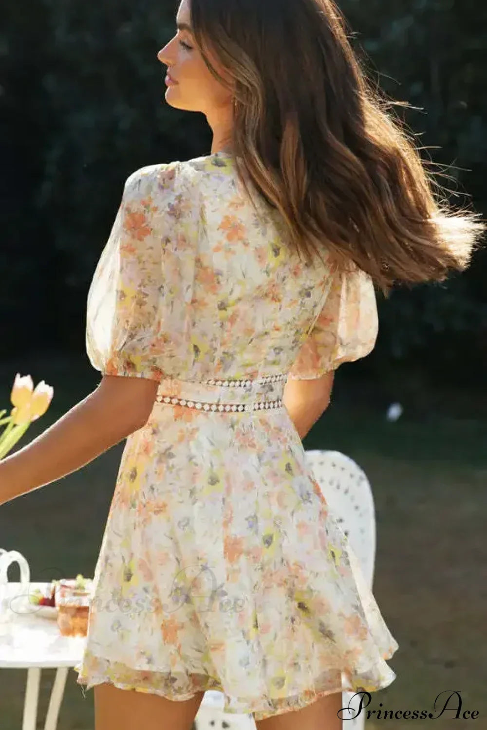 Vintage Floral Print Long Sleeve Hollow Out Sexy V-neck Mini Boho Dress