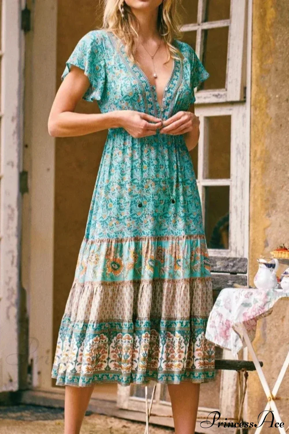 Vintage Floral Print Sashes Cross V-neck Maxi Boho Dress Green / S bohodress-250126