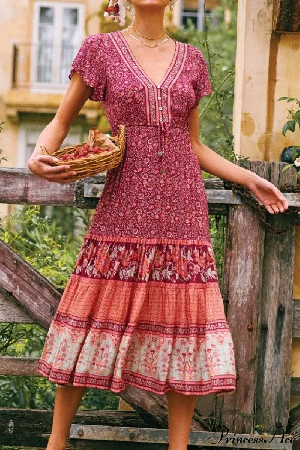 Vintage Floral Print Sashes Cross V-neck Maxi Boho Dress Red / S bohodress-250126