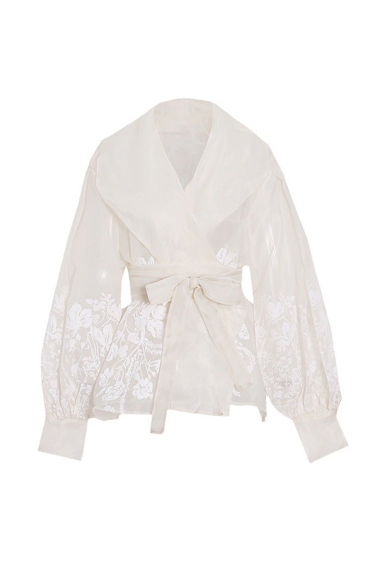 Vintage Floral Print Spread Collar Bishop Sleeve Wrap Tie Organza Blouse