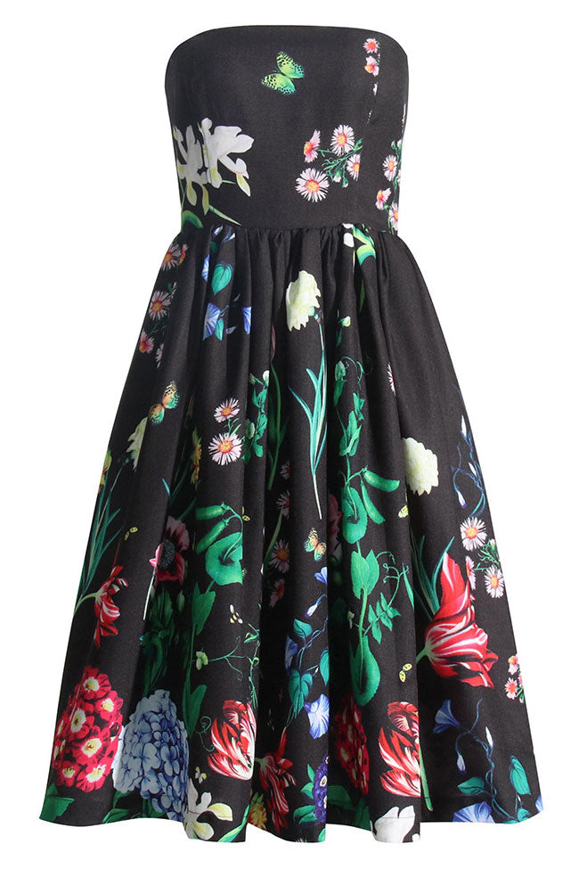 Vintage Floral Printed Fit Flare Strapless Beach Vacation Midi Dress - Black - Fashionpara