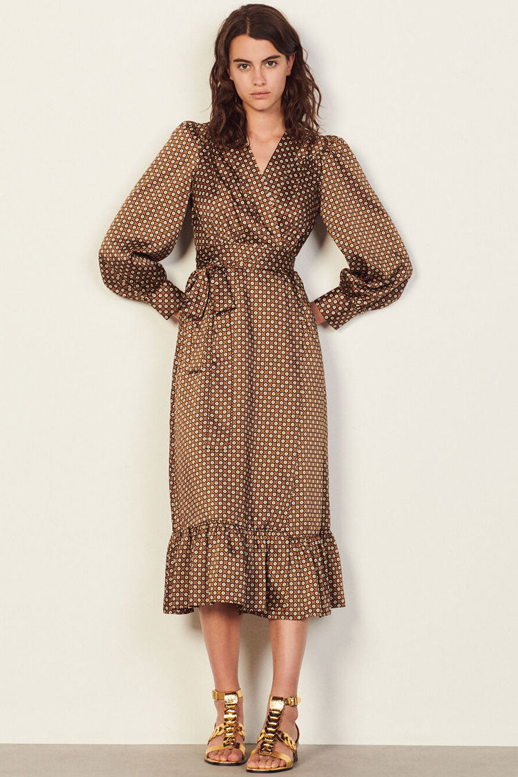 Vintage Floral Printed Long Sleeve Ruffle Wrap Midi Dress - Coffee  Fashionpara