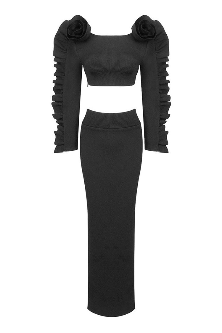 Vintage Flower Ruffle Long Sleeve High Waist Bandage Knit Two Piece Maxi Dress - Fashionpara