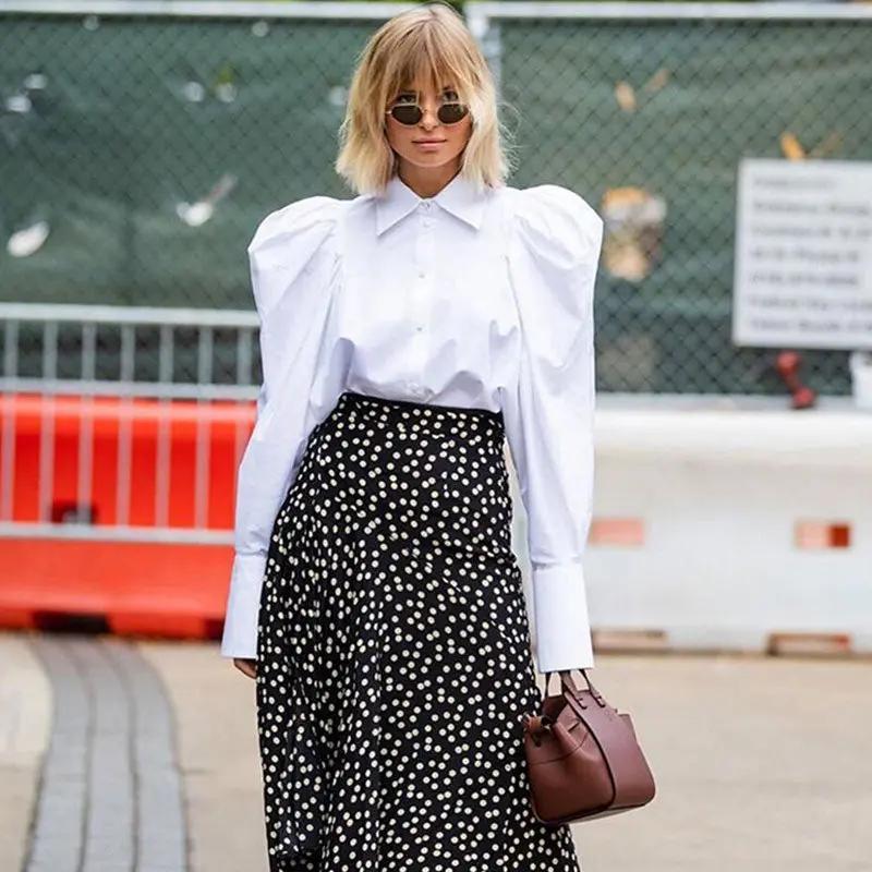 Vintage Frilled Puff Sleeve Pointed Collar Button Up Blouse - White  Fashionpara