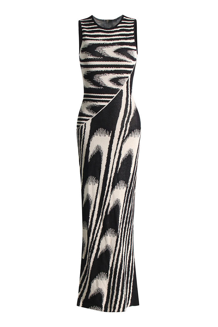 Vintage Geometric Print Sleeveless Bodycon Maxi Dress