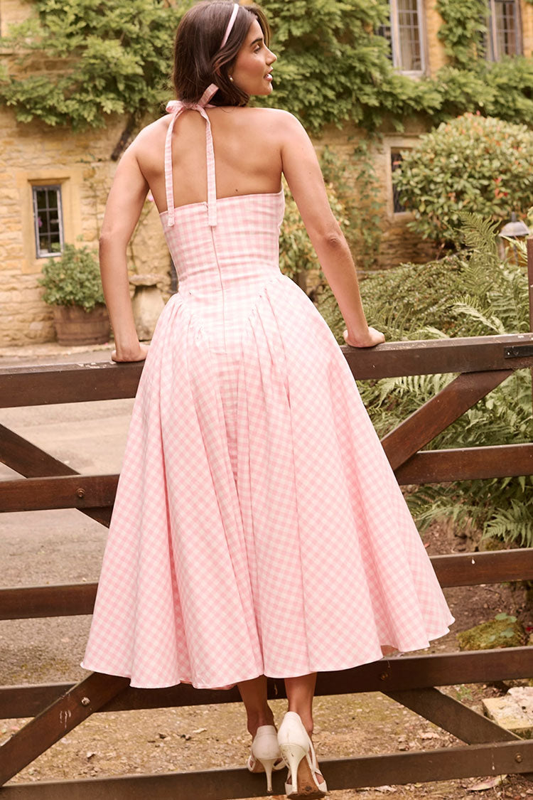 Vintage Gingham Print Halter V Neck Ruffle Drop Waist Vacation Midi Dress - Fashionpara