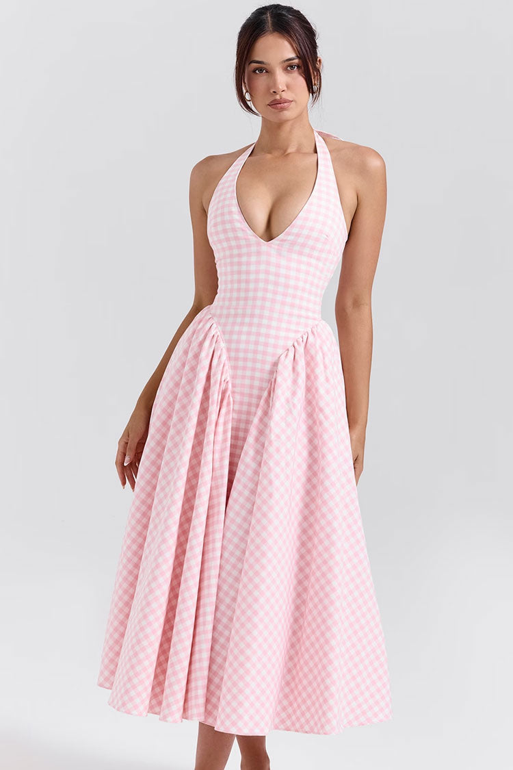 Vintage Gingham Print Halter V Neck Ruffle Drop Waist Vacation Midi Dress - Fashionpara