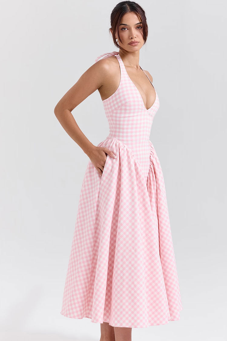 Vintage Gingham Print Halter V Neck Ruffle Drop Waist Vacation Midi Dress - Fashionpara