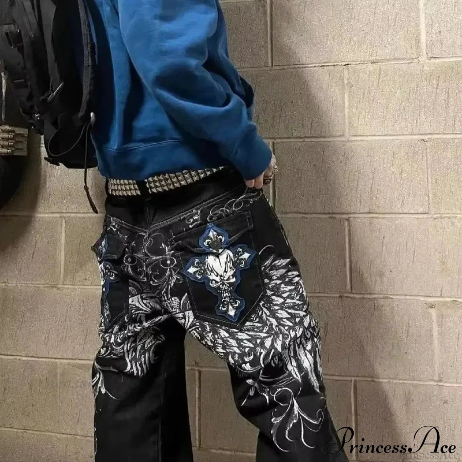 Vintage Gothic Cross Wings Stitched Pant black / M