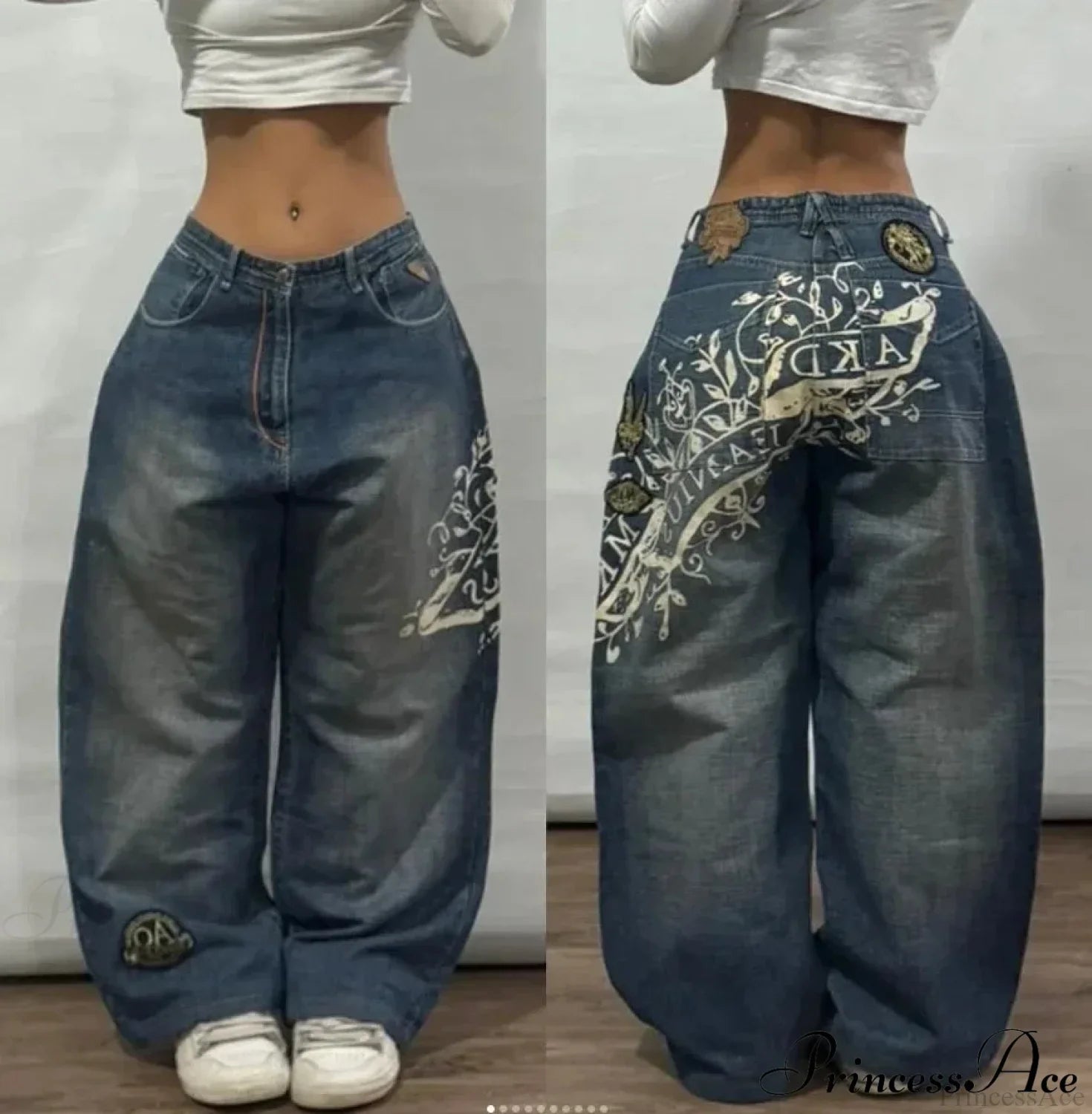 Vintage Gothic Cross Wings Stitched Pant Blue1 / M