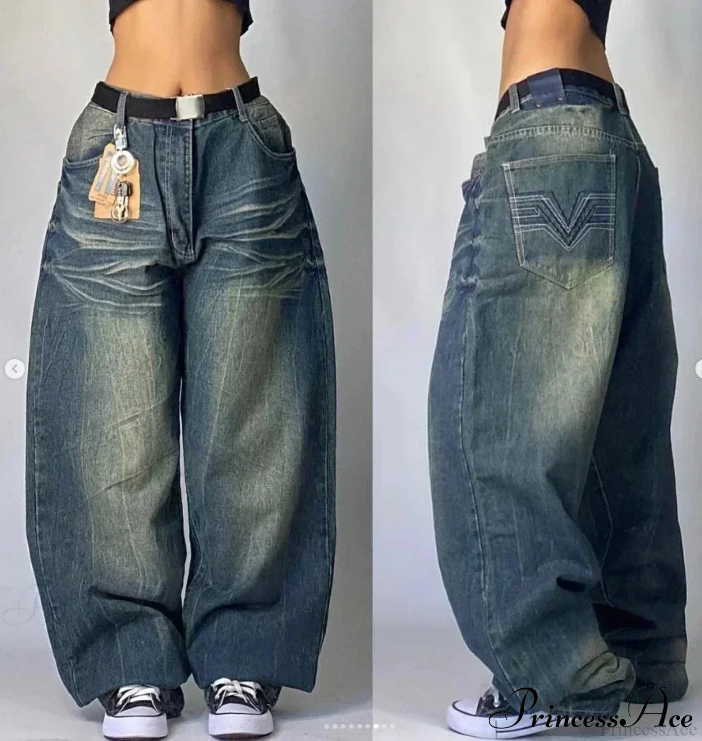 Vintage Gothic Cross Wings Stitched Pant Blue2 / M