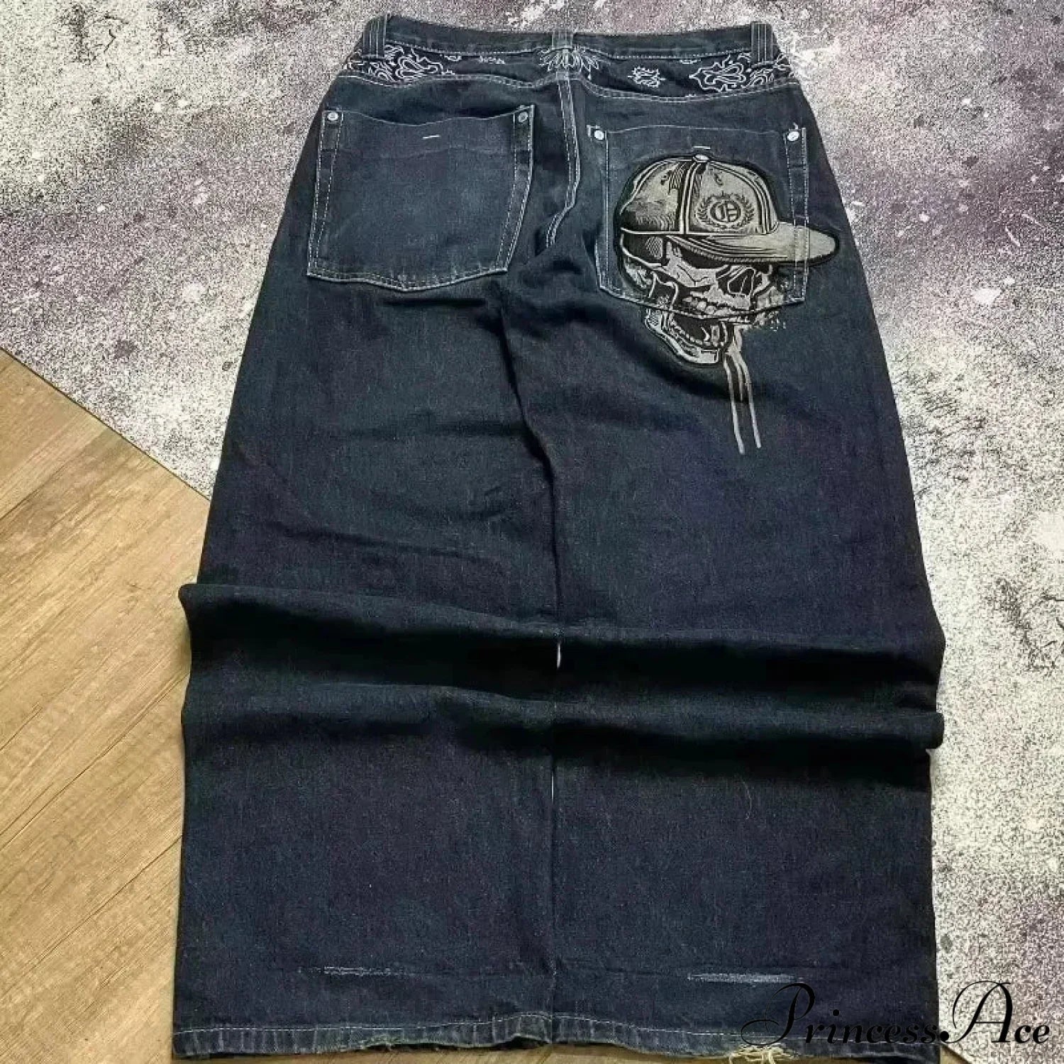 Vintage Gothic Cross Wings Stitched Pant Nevy Blue / M