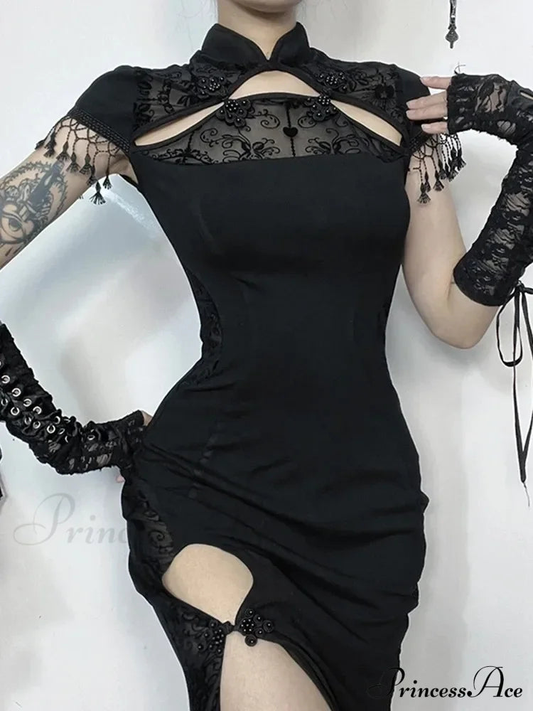 Vintage Gothic Fishtail Long Slit Chinese Cheongsam Retro Dark Bodycon Slim Qipao Traditional Costumes Dress