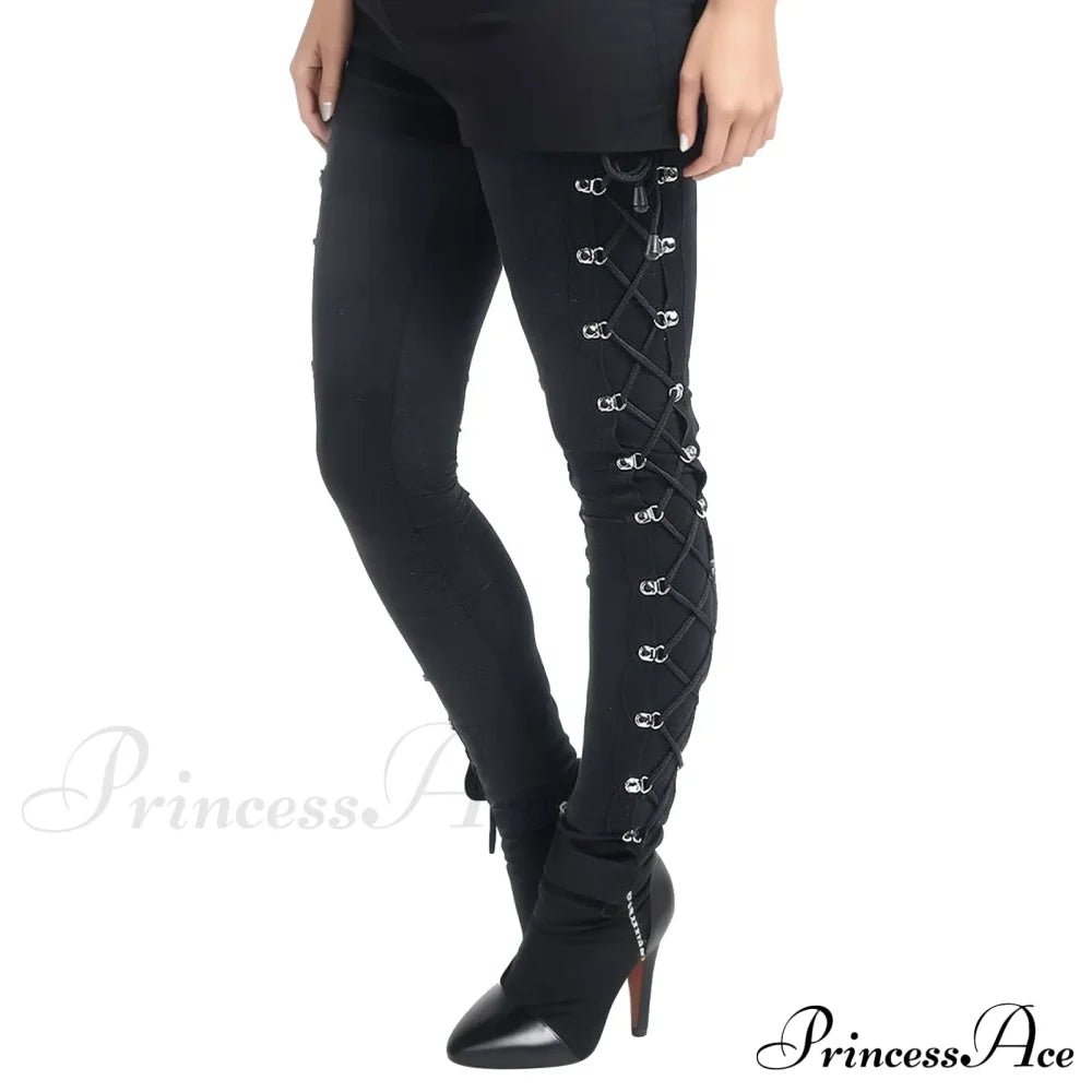 Vintage Gothic Lace Up Slim Halloween Pants Black / S