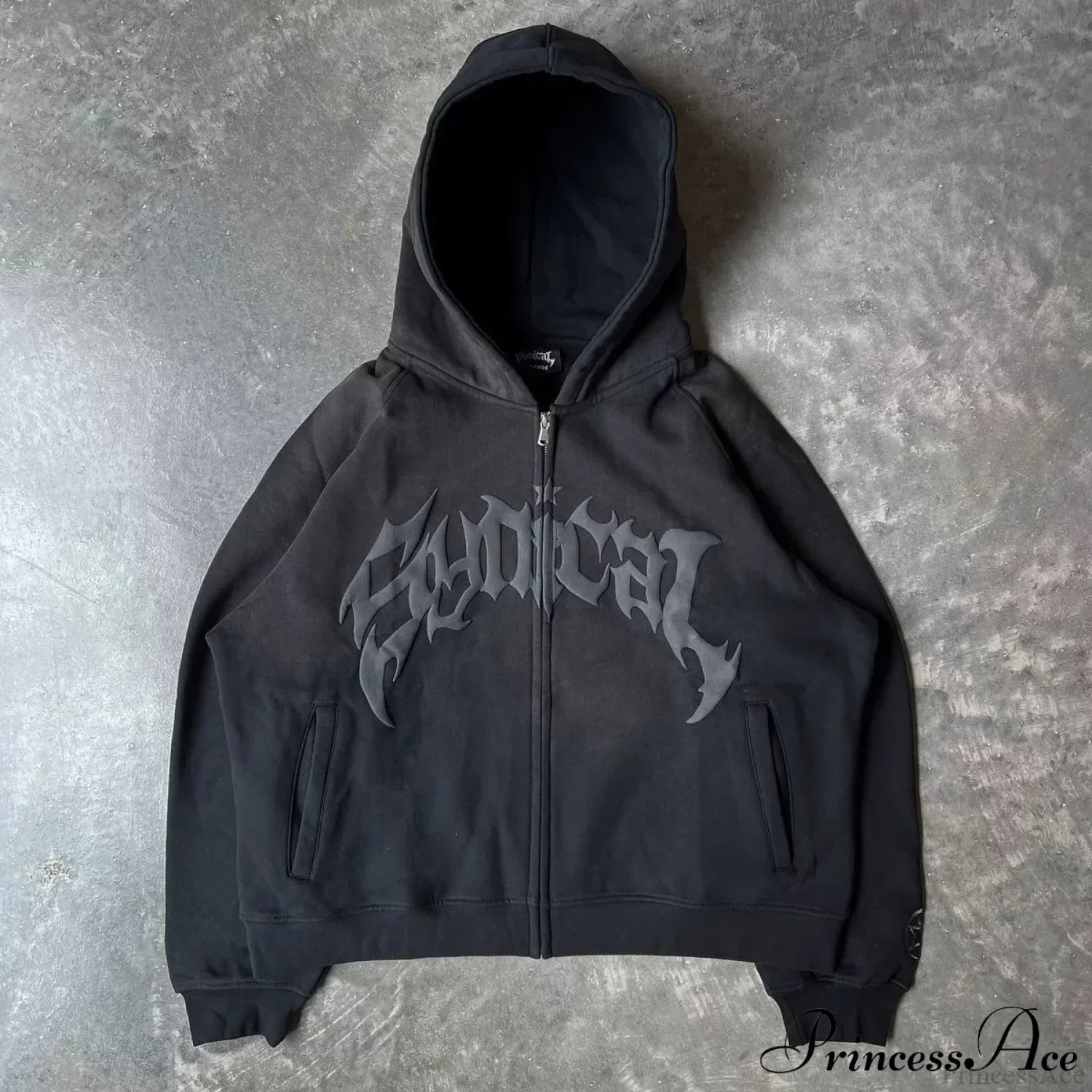 Vintage Gothic Printed Zipper Hoodie Black / M