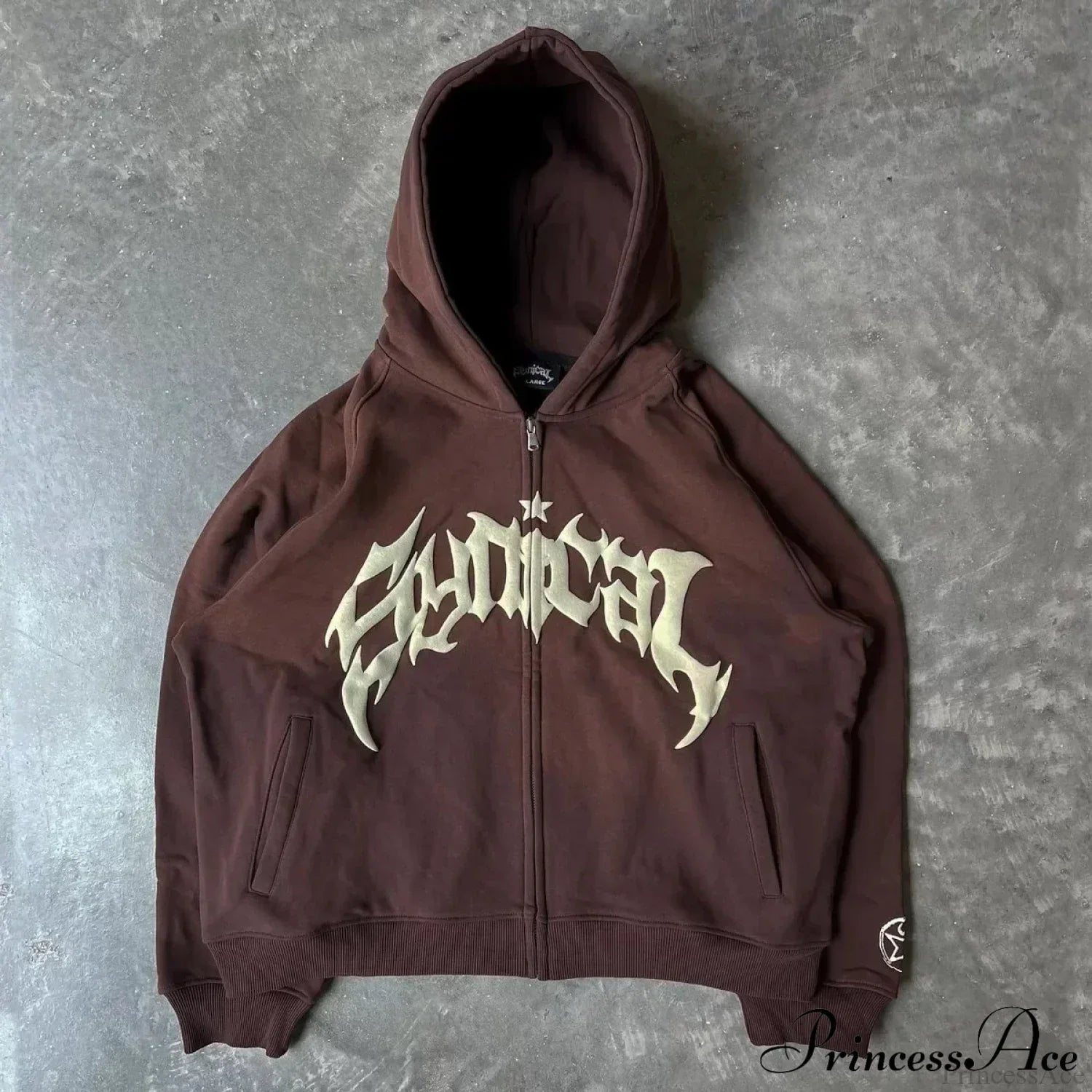 Vintage Gothic Printed Zipper Hoodie Brown / M